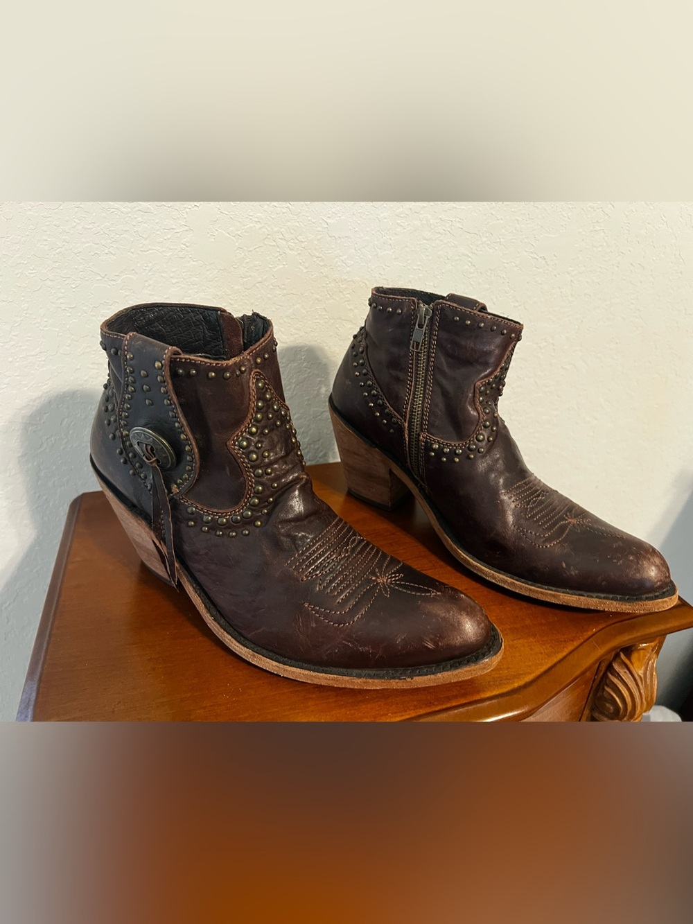 LIBERTY Black Dark Brown Studded Leather Ankle Booties